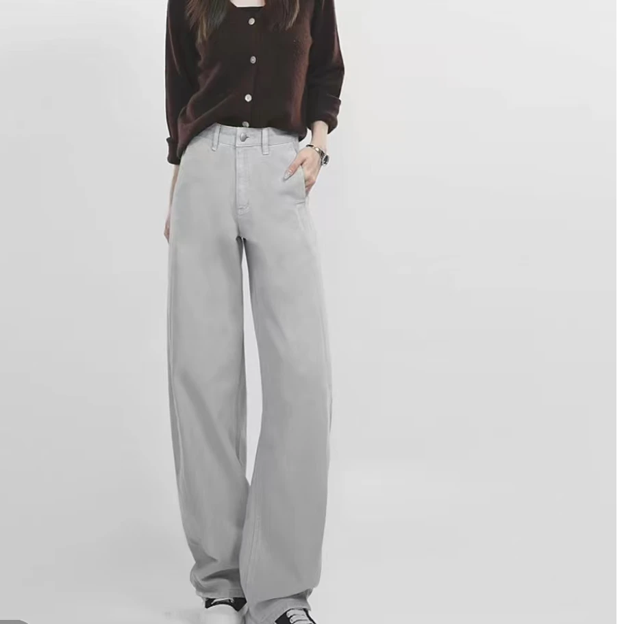 早春莫兰拼接弯刀阔腿牛仔裤女春季高腰宽松显瘦设计感垂感拖地裤