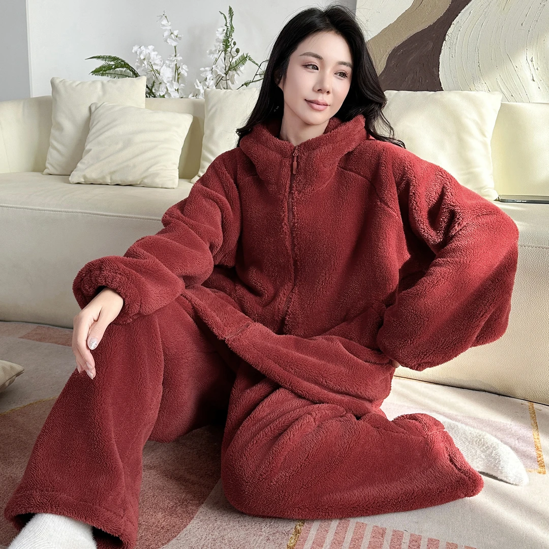 冬季睡衣大码女200斤加绒加厚珊瑚绒胖mm红色本命年家居服法兰绒