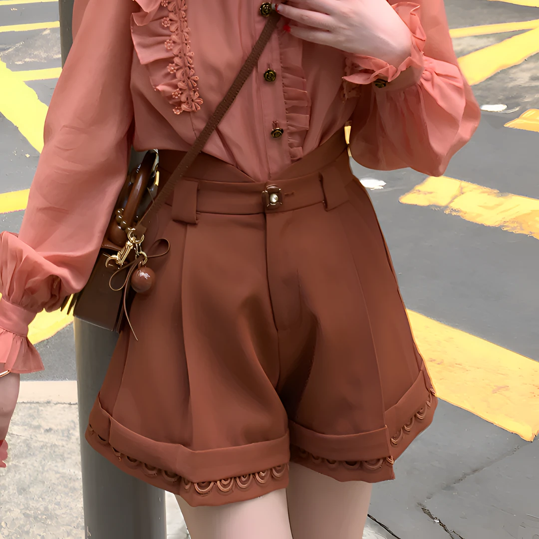 现货【一生罗曼】复古设计感显瘦简约百搭休闲裤女秋季咖色短裤K705