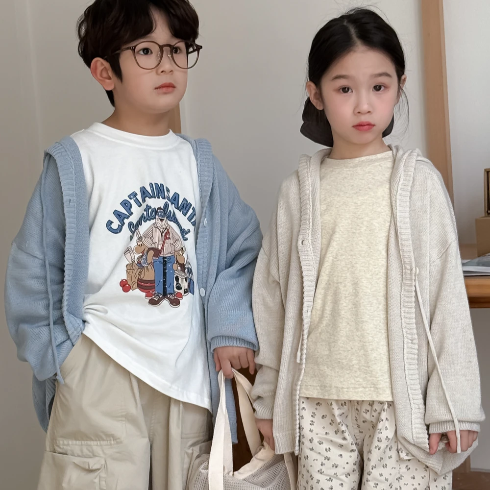 诺希家25春款男女童韩版纯色毛线外套儿童连帽宽松针织休闲上衣