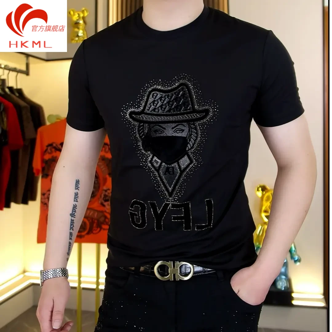 【品牌正品】2025男士夏季高品质T恤时尚潮流修身上衣百搭烫钻短袖