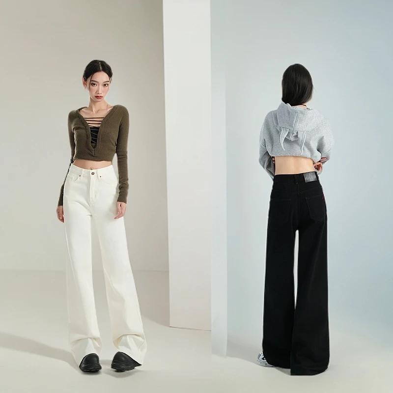 小个子窄版奶白色小阔腿高腰牛仔裤女秋冬百搭宽松显瘦设计拖地裤