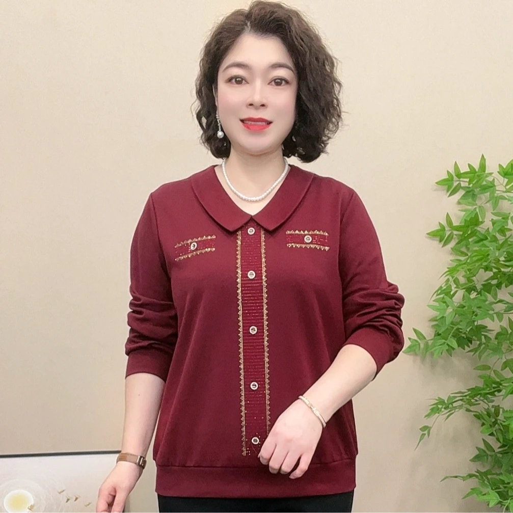长袖妈妈装秋季少女风宽松洋气中老年女装气质时尚宽松百搭娃娃领