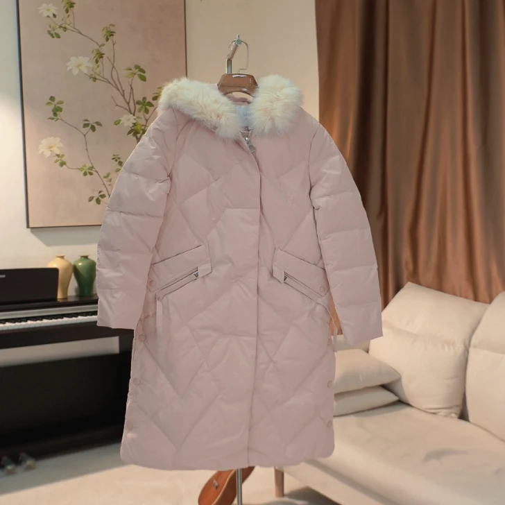 G234 可拆卸狐狸毛领长款侧边开叉连帽羽绒服女 43XD81