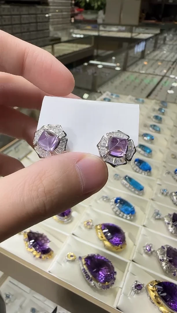 银S925镶嵌耳饰紫晶9mm糖塔款耳钉