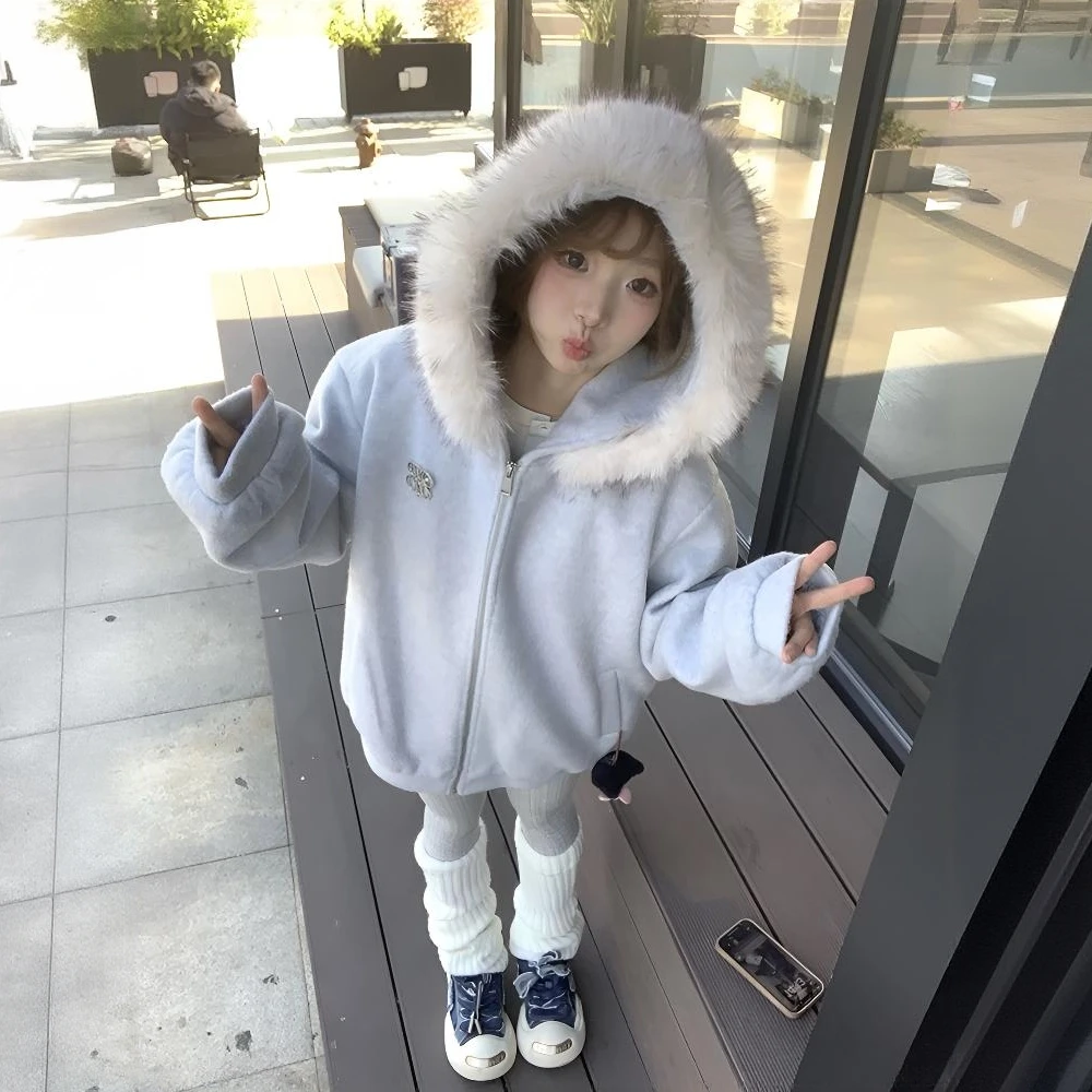 美式复古高街毛领连帽卫衣立体装饰甜美慵懒风卫衣开衫加绒加厚