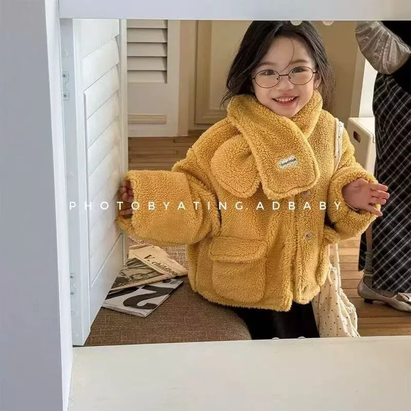 【送围巾】女童冬季羊羔毛绒外套休闲百搭女宝宝保暖加厚毛绒外套