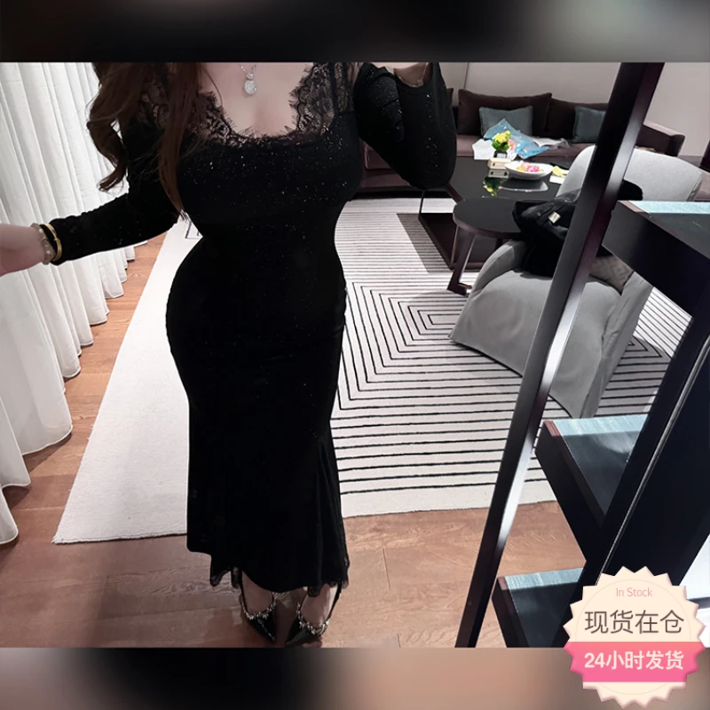 【现货】 胖婷大码定制「夜宴名怜」撒银蕾丝修身包臀加厚鱼尾连衣裙