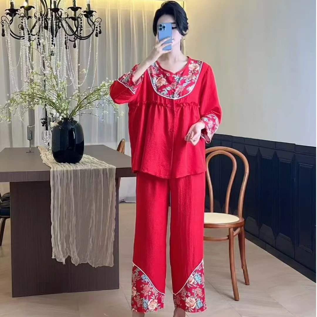 本命年大红民族风新中式女大码睡衣红色八九分袖套装家居服8193