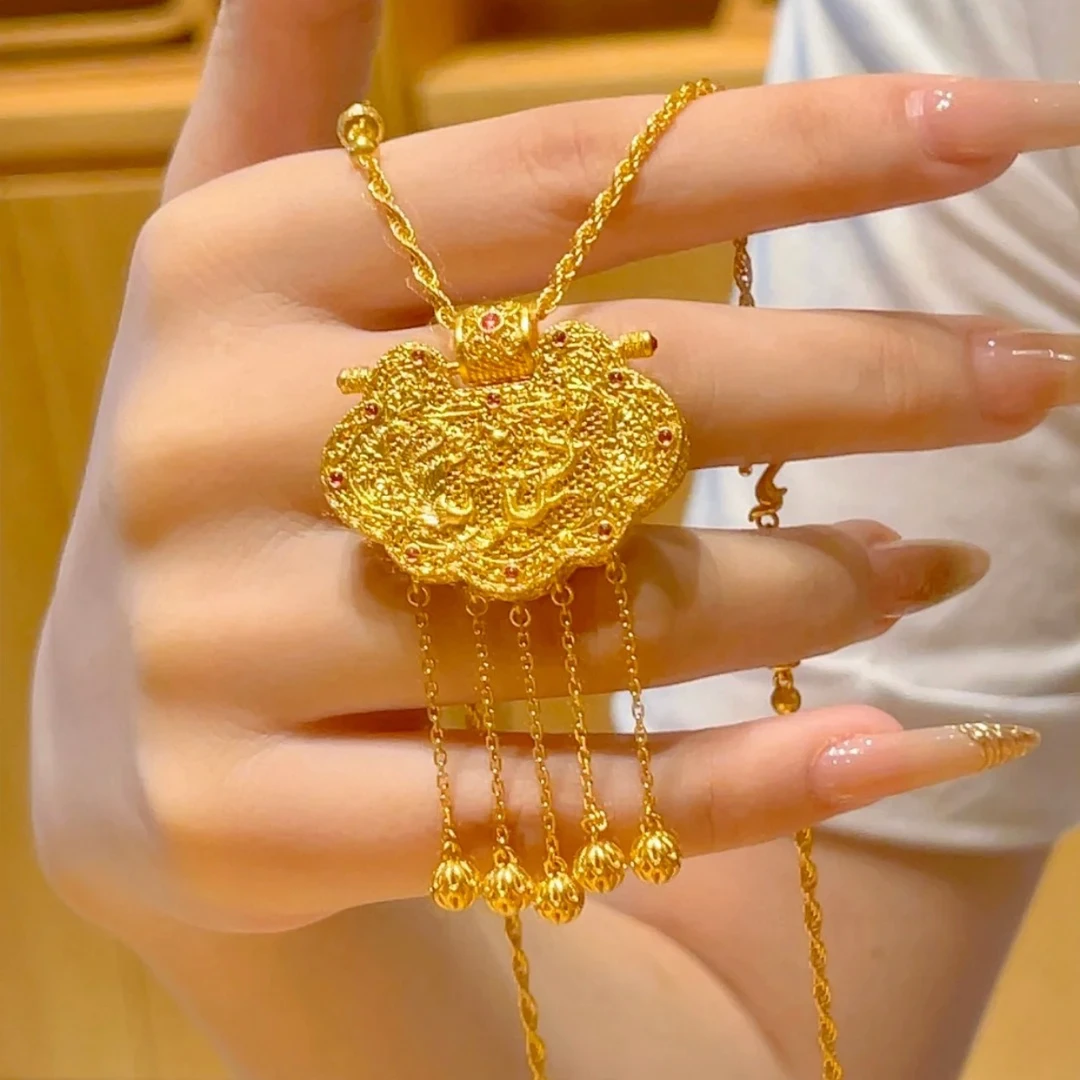 【天子门生】中国风锁包吊坠项链龙凤呈祥锁婚嫁女毛衣链