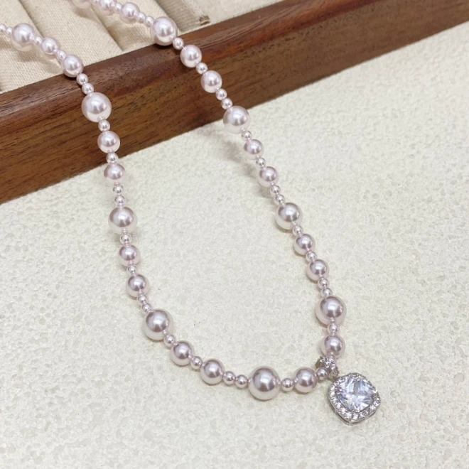 非金属仿珍珠项链 塑料无镶嵌【方糖项链】方形吊坠项链0425149-0