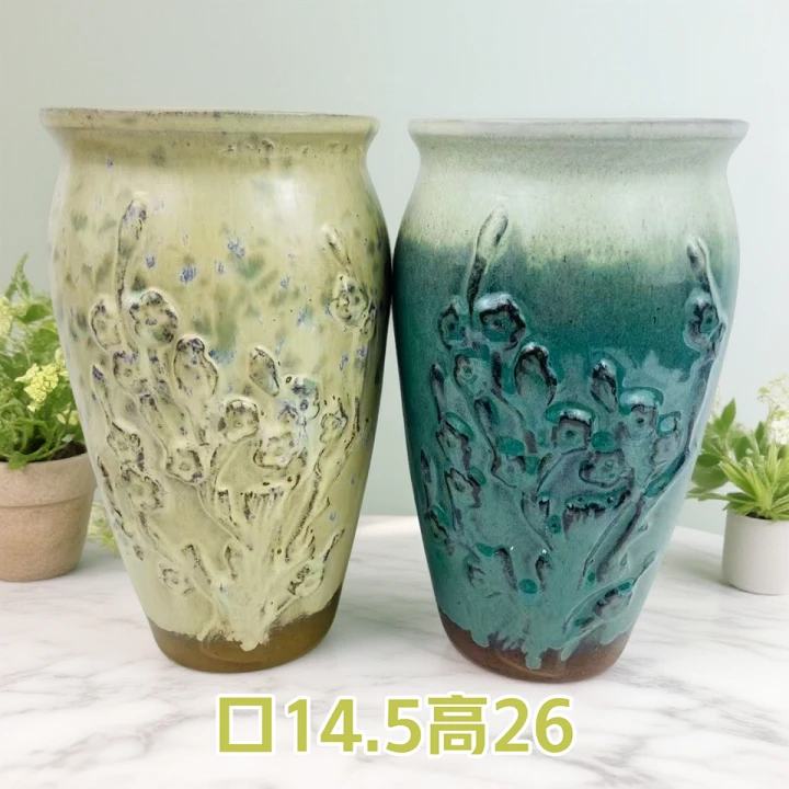 2074立体刻绘浮雕高圆盆法师老桩兰花飘枝花盆粗陶绿植古典