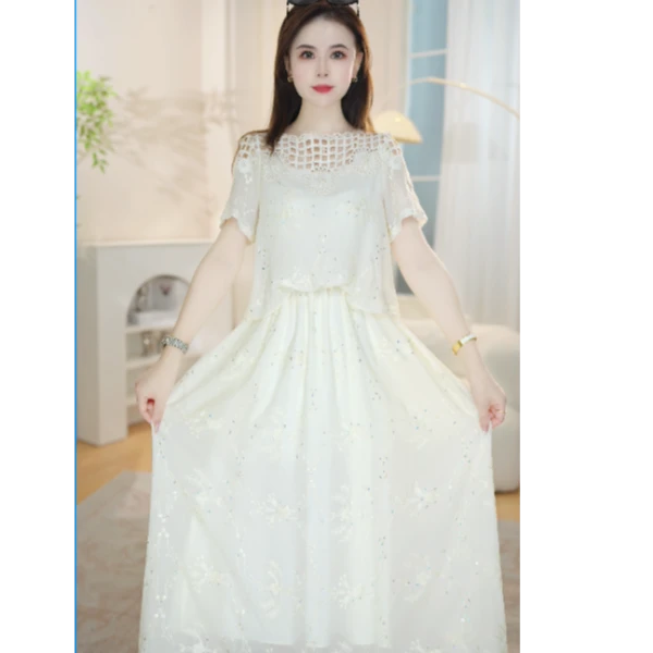 镂空圆领重工刺绣夏季连衣裙春夏长款显瘦日系0517