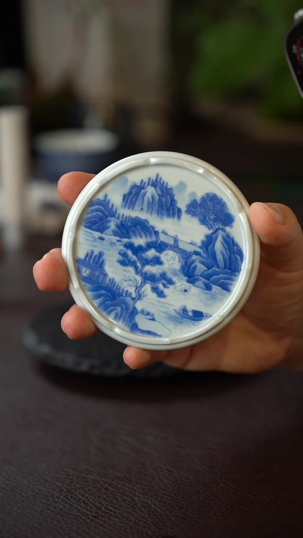 景德镇全手工手绘青花山水盖置