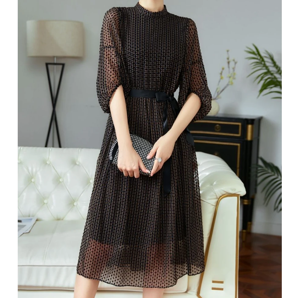 秋季新款大摆裙长款飘逸细带收腰女装连衣裙220146