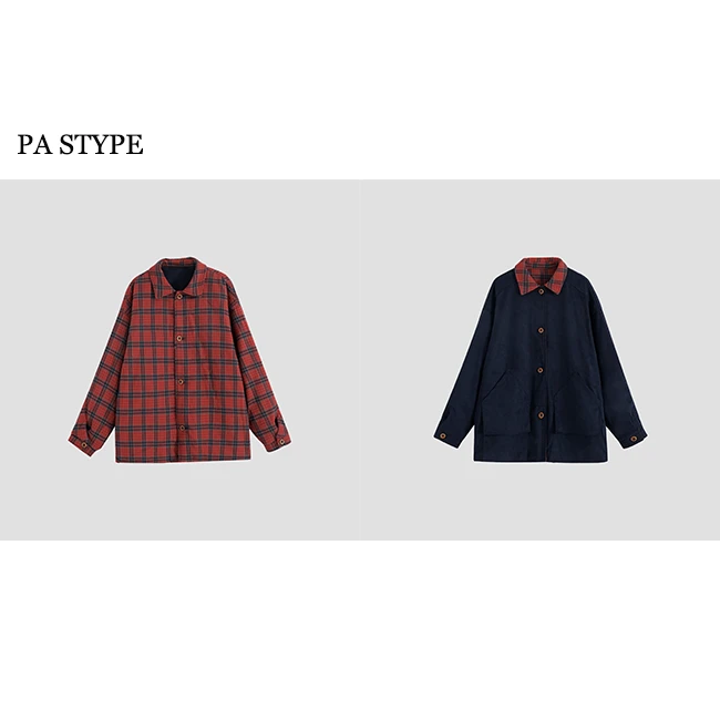 【复古格子】双面穿麂皮感夹棉翻领复古棉服外套4210