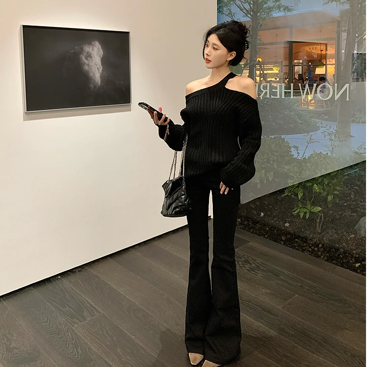 2025秋季新款辣妹慵懒风显瘦针织衫女黑色长袖宽松气质露肩上衣潮