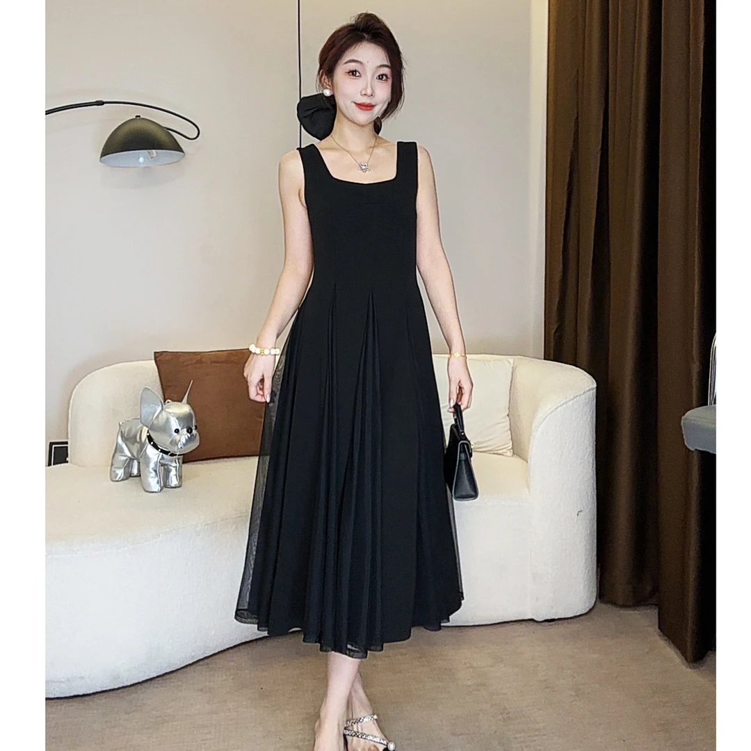 拼纱赫本风小黑裙连衣裙女气质黑色夏季高级感显瘦收腰法式长裙7