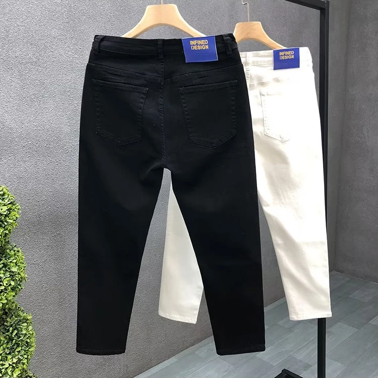 春夏季爆款弹力牛仔裤男款潮牌修身小脚九分裤精神小伙白色裤子男