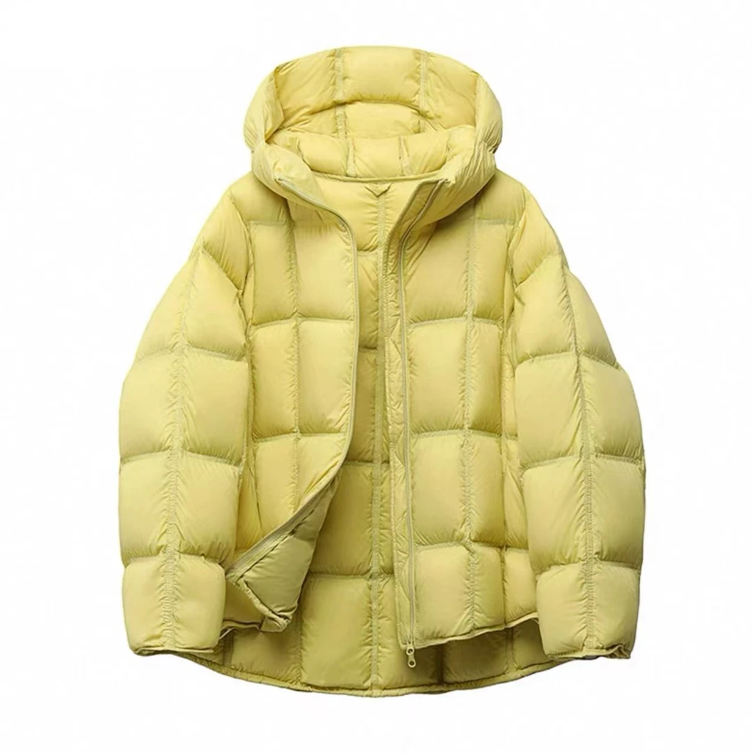 【工厂直营】方格连帽-2025新款上新韩版泡芙白鸭绒外套女