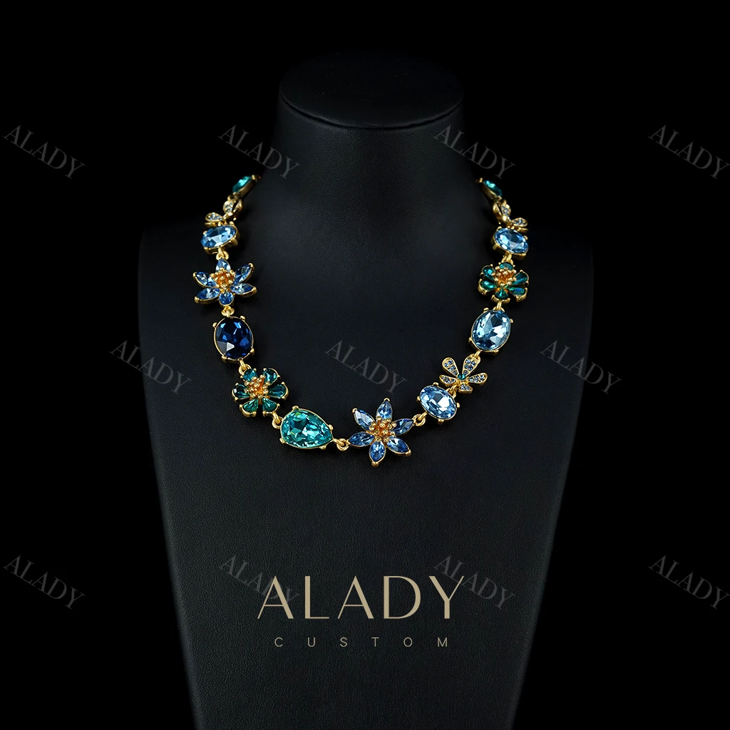 合金合成锆石项链 蓝色花朵镶嵌多色项链-ASK2605