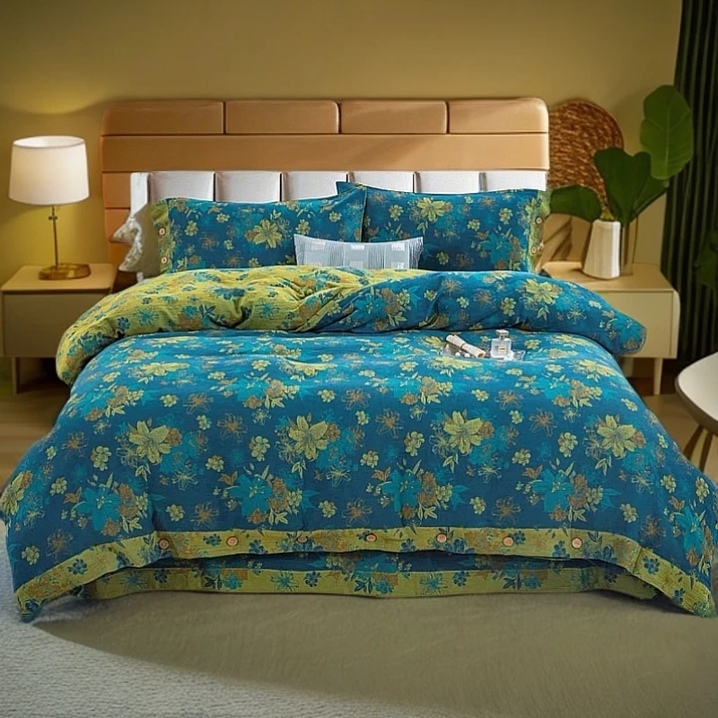 轻奢高端双层纱四件套--梦幻百合蓝（纽扣）