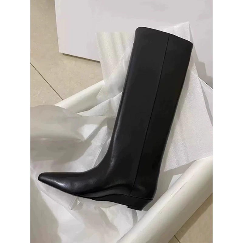 牛皮版~胖mm黑色长筒靴骑士靴女2025秋冬尖头不过膝高筒靴丑丑靴