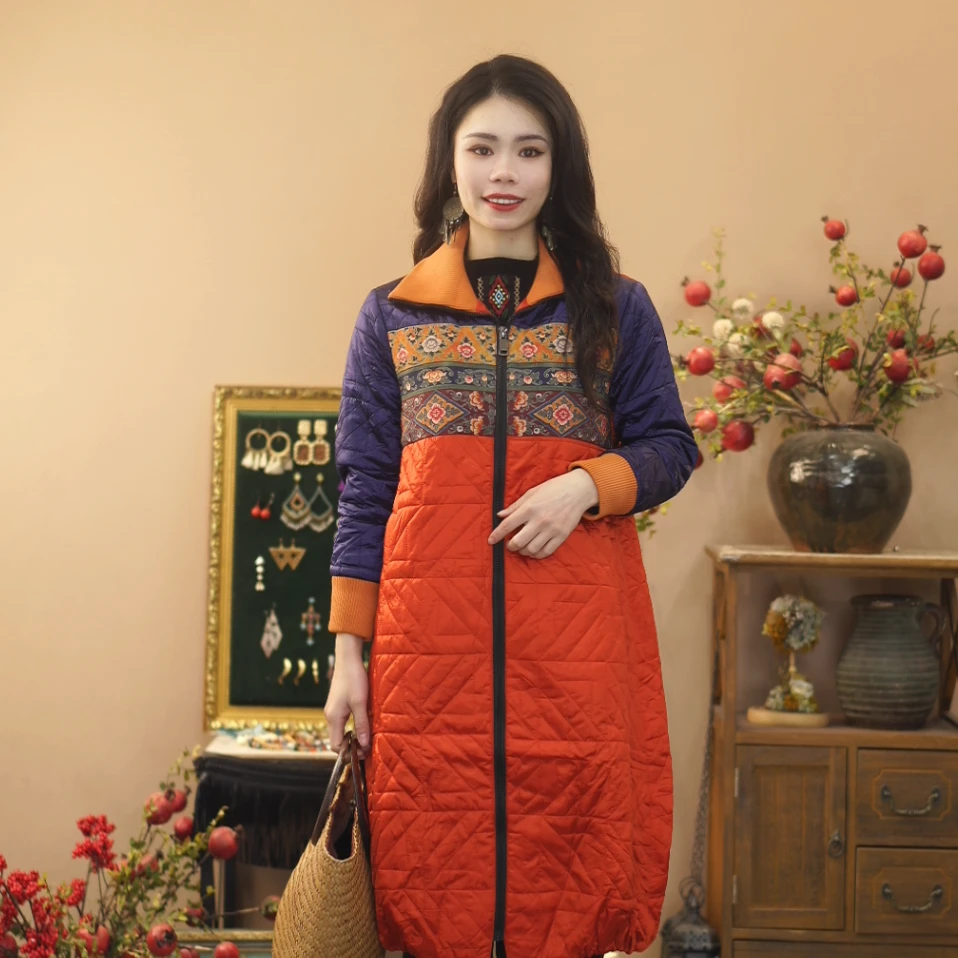 红裳冬季休闲红色中长款民族风显瘦优雅棉衣22016