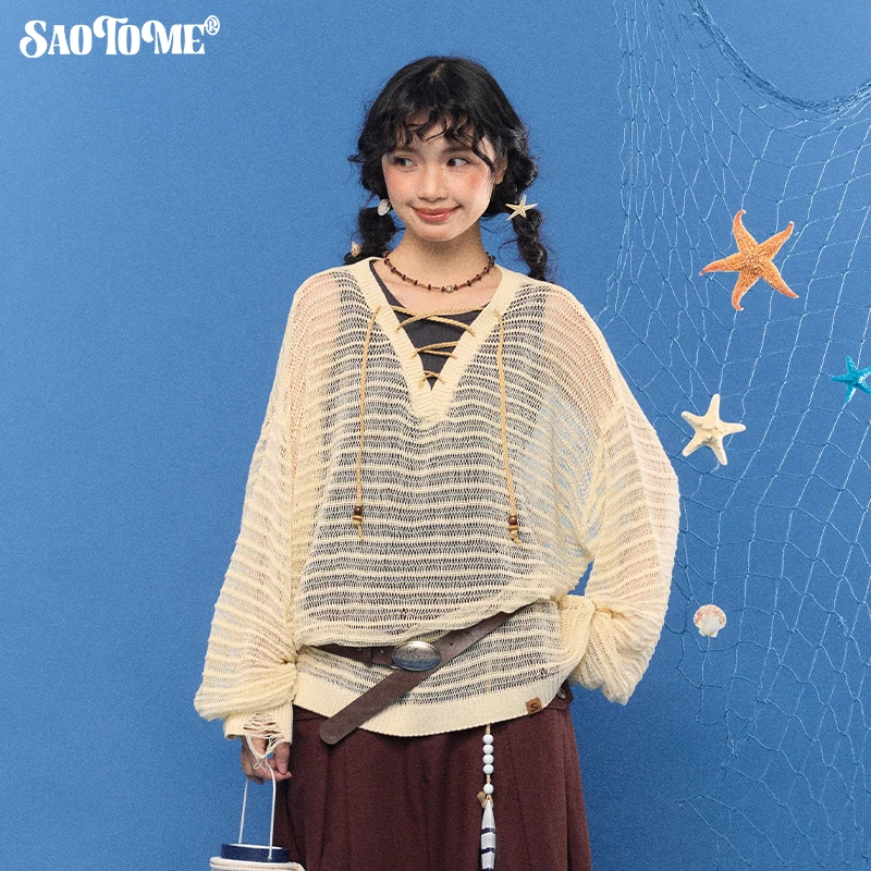 早乙女惠子saotome日系复古户外V领镂空破损轻薄罩衫毛衣夏2122