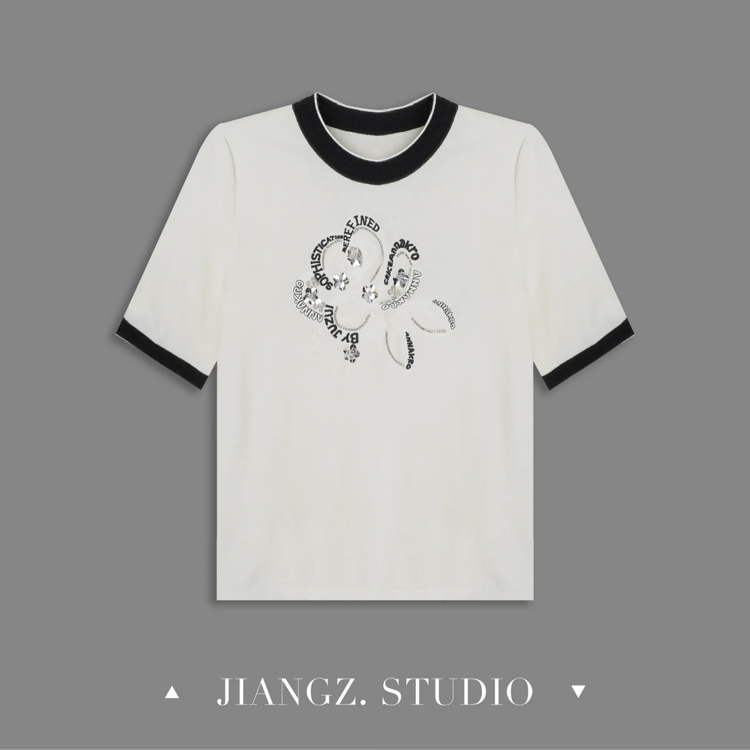 panii【夏简】夏季新款撞色珠片绣凉感针织衫百搭圆领套头短袖上衣