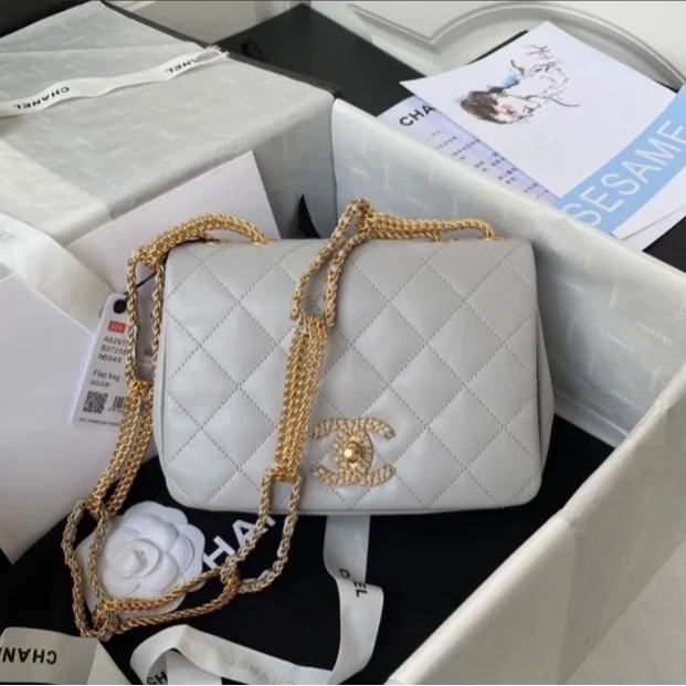 99新 Chanel/香奈儿 小花6花 双链条金扣 深灰小号翻盖豆腐包