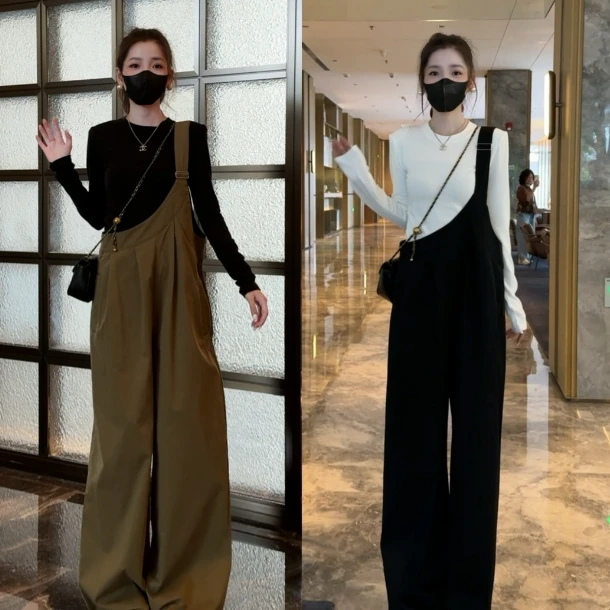 2025宽松显瘦时尚背带裤显瘦连体裤+长袖T恤套装两件套套装
