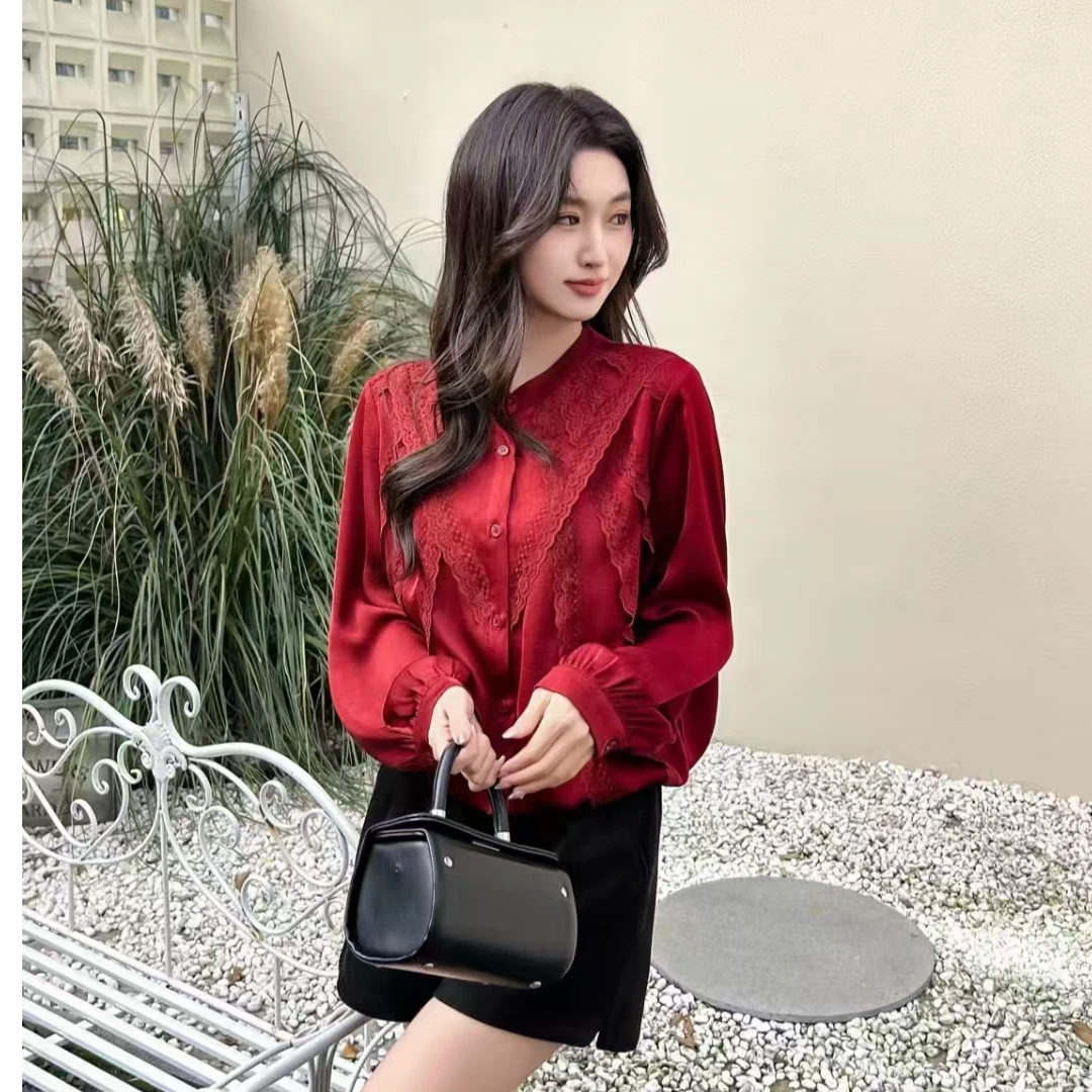 木耳边蕾丝圆领小衫显瘦气质长袖时尚百搭复古重工【田间0115】