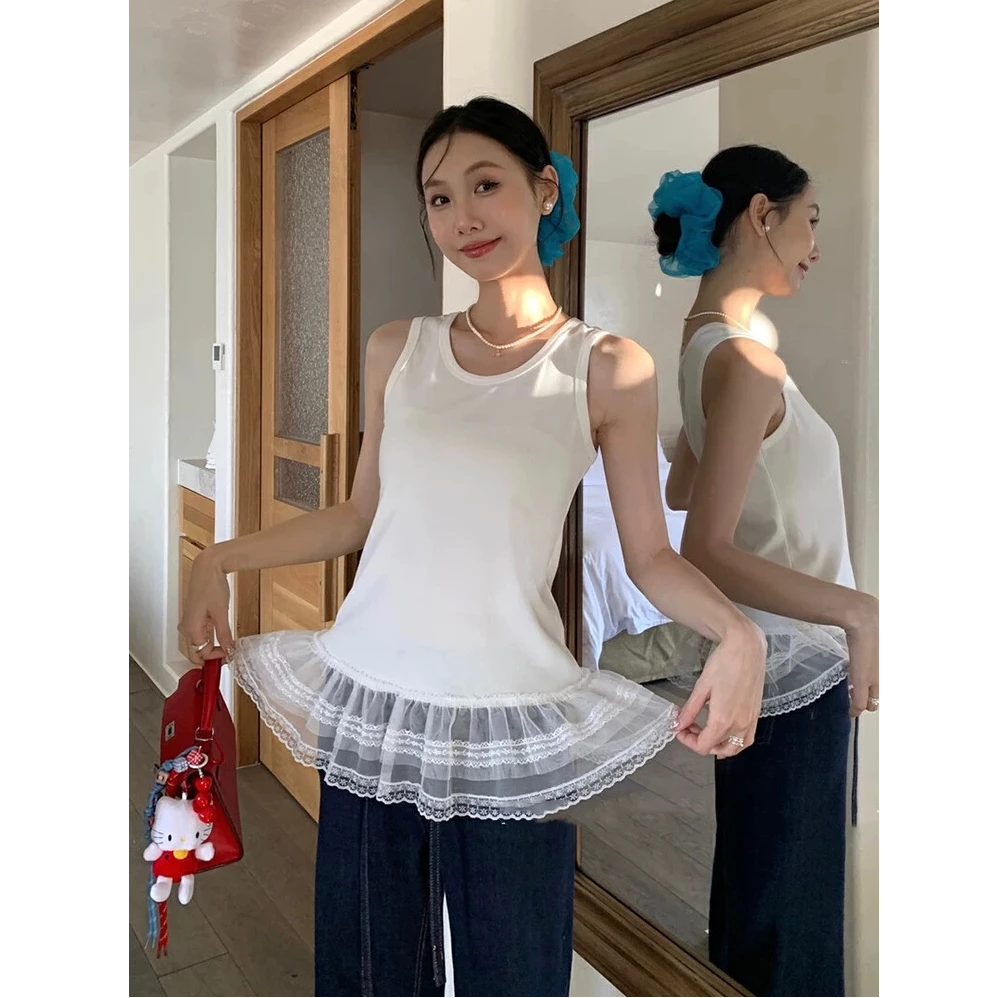 芭蕾风绝美的蕾丝裙摆假两件宽肩背心女修身显瘦甜美叠穿内搭遮臀