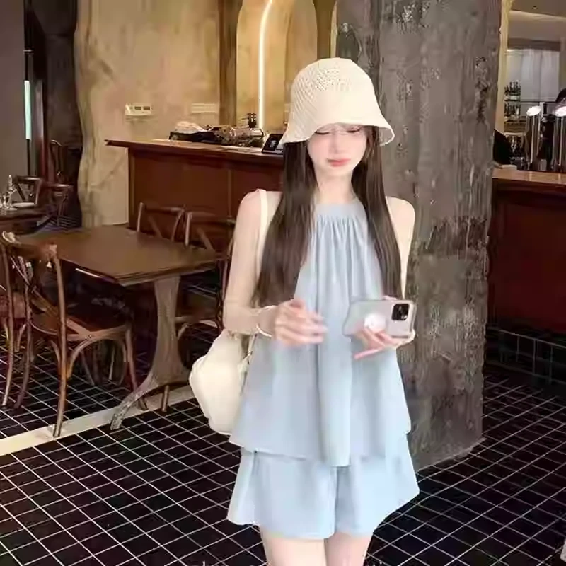 2025夏季天丝亚麻套装无袖挂脖上衣短裤休闲两件套韩系慵懒