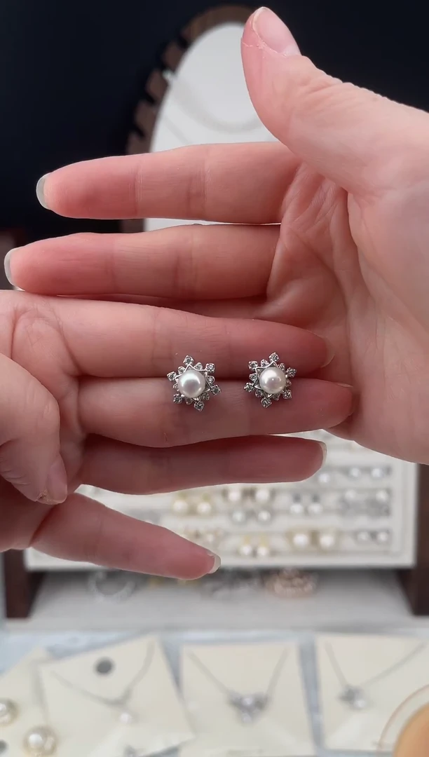 银S925镶嵌耳饰淡水珍珠6 小雪花