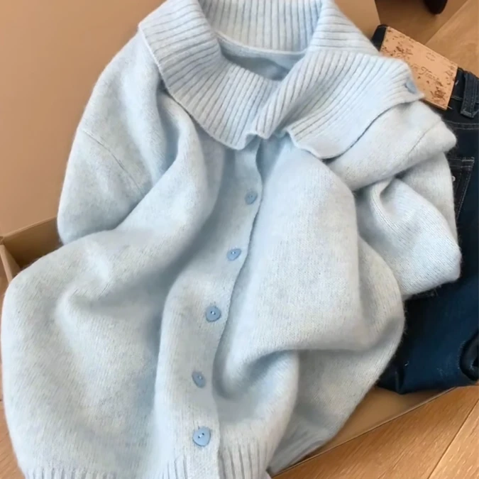 自留款推荐~韩版不规则翻领长袖针织开衫女冬季漂亮显白毛衣外套