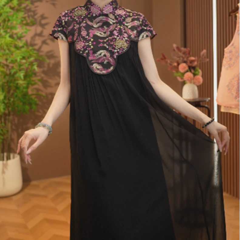 【凤凰于飞】夏季短袖新中式复古拼接时尚连衣裙2025C6379—古月