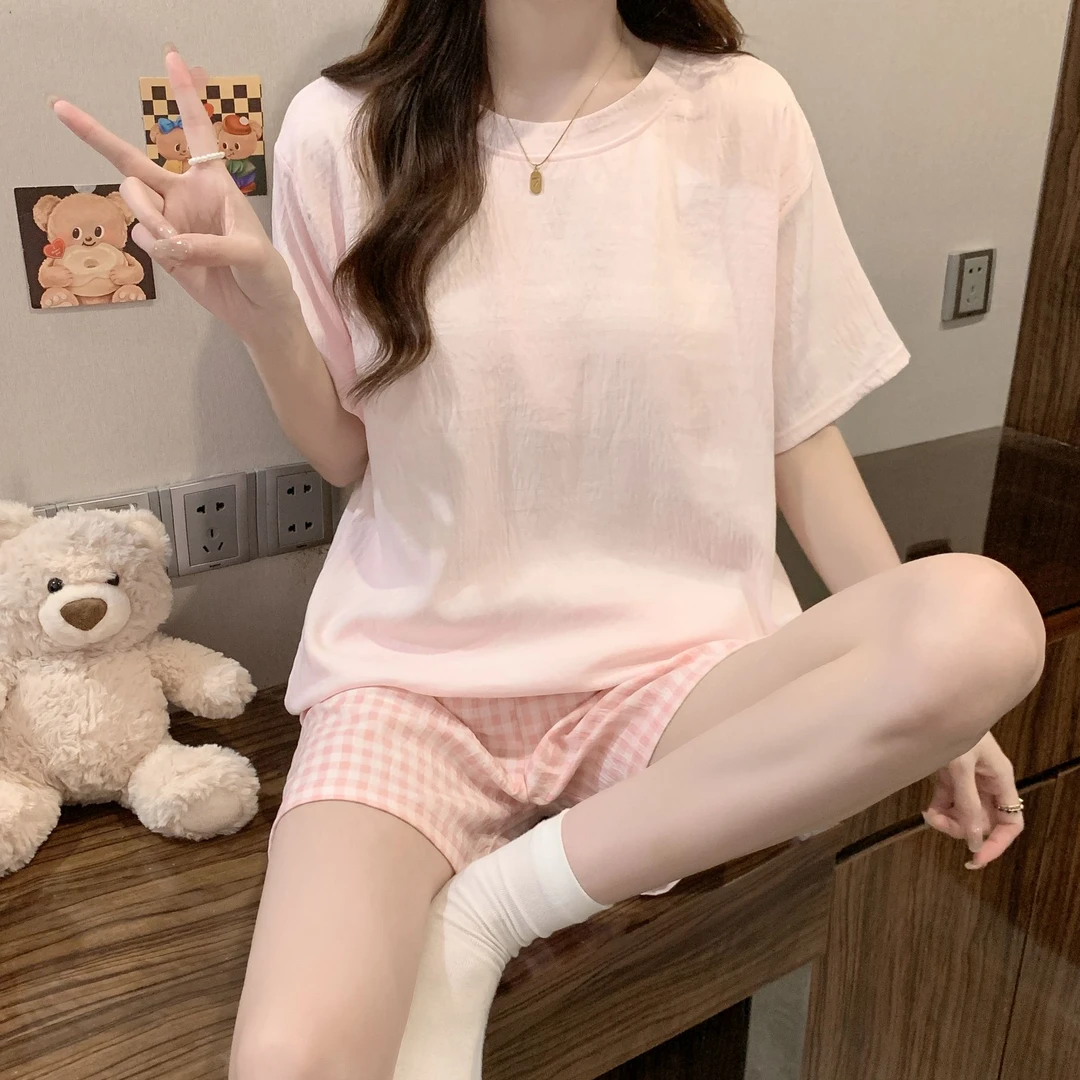 带胸垫套装睡衣女款2025年新款夏季短袖套头纯色休闲可外穿家居服