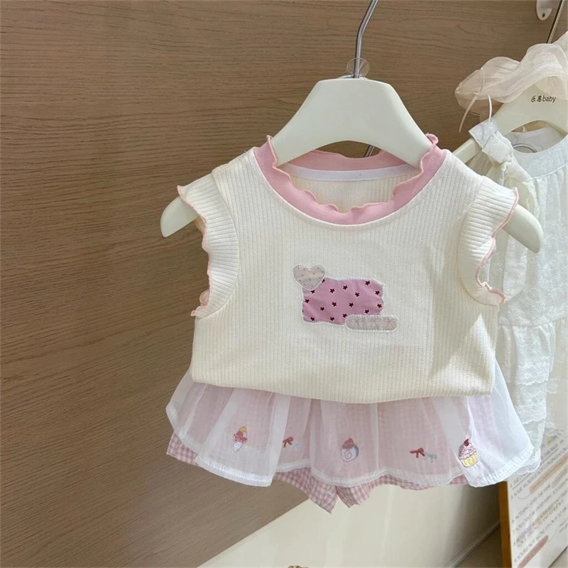 【伊品】2025夏季女童米白色背心粉格子花边裤宝宝洋气可爱套装潮