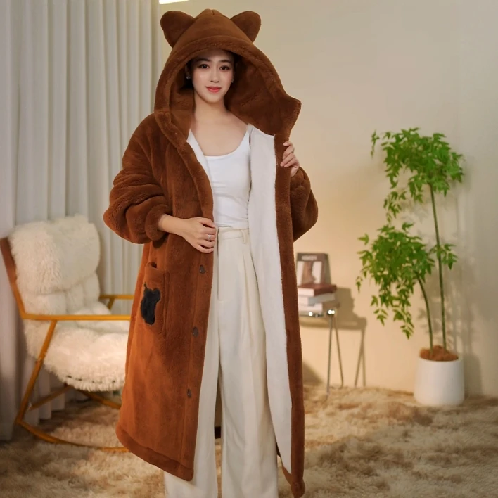 wnz2025新款双层加绒加厚睡衣家居服男女同款舒适连帽过膝长款