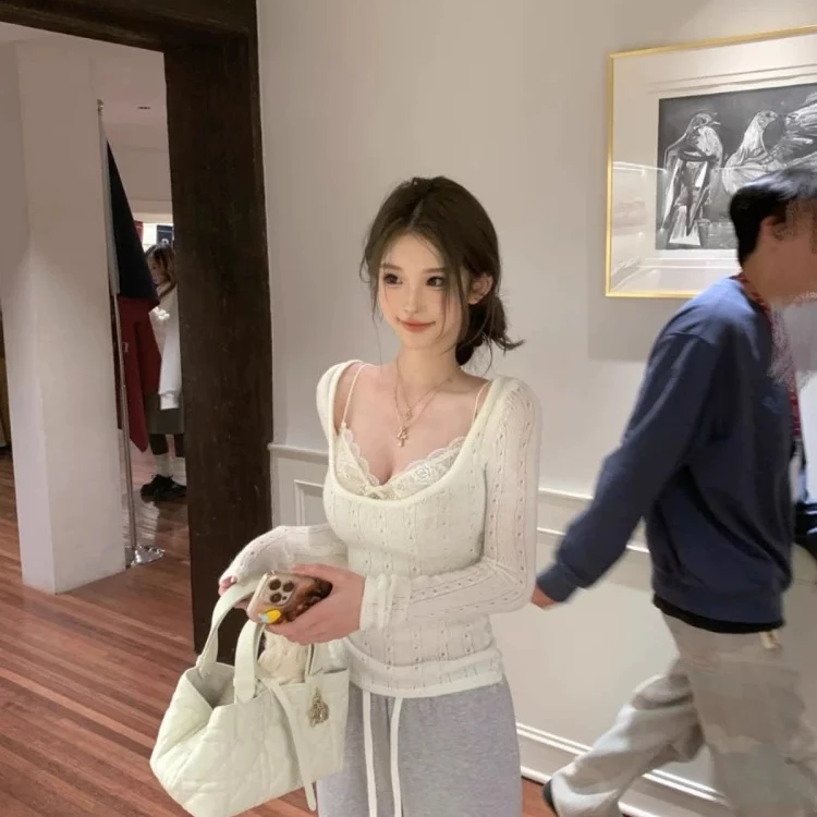 法式纯欲镂空针织衫女春季内搭性感打底叠穿蕾丝吊带上衣两件套装