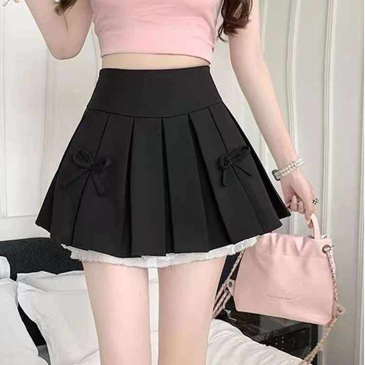 （琳琳家）2025新款大码高腰显瘦辣妹百褶裙蝴蝶结花边a字百搭短裙