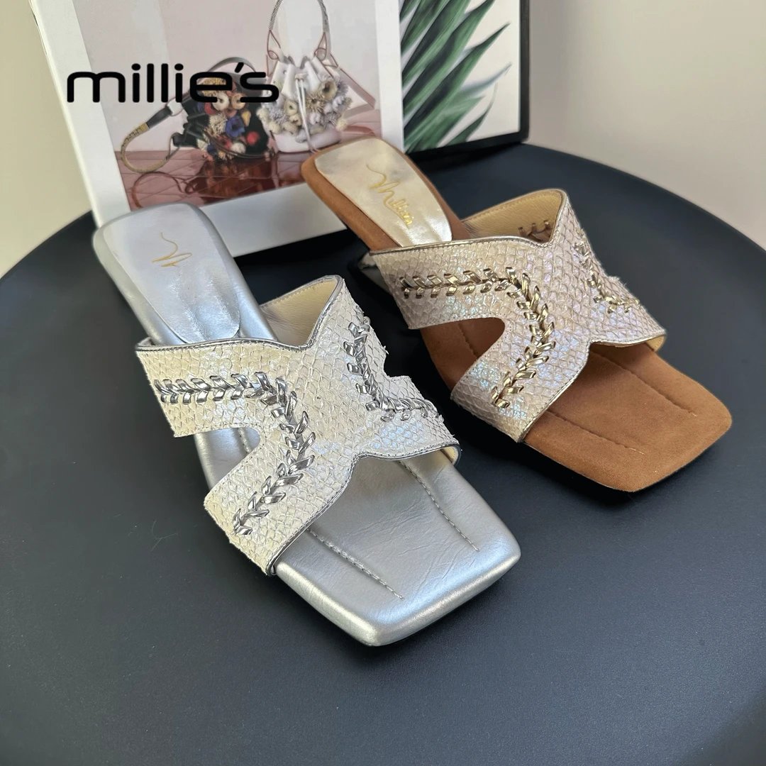 MILLIE S/妙丽深海鱼皮方头凉拖鞋女2025新夏外穿一字拖露趾拖鞋