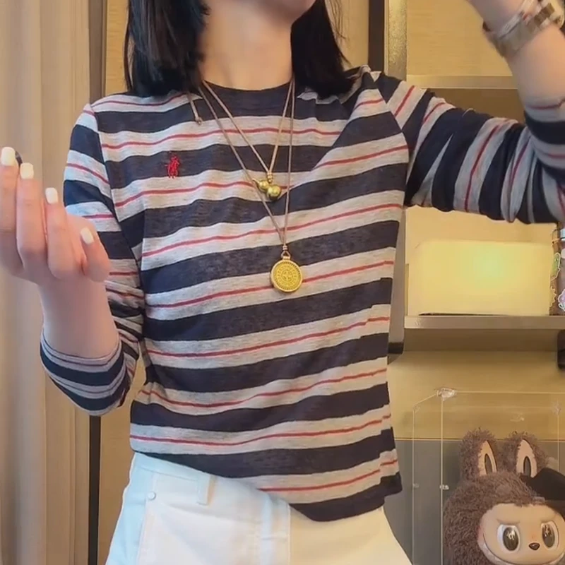【线条韵律】2025早秋新款刺绣条纹圆领百搭长袖T恤LK2506587