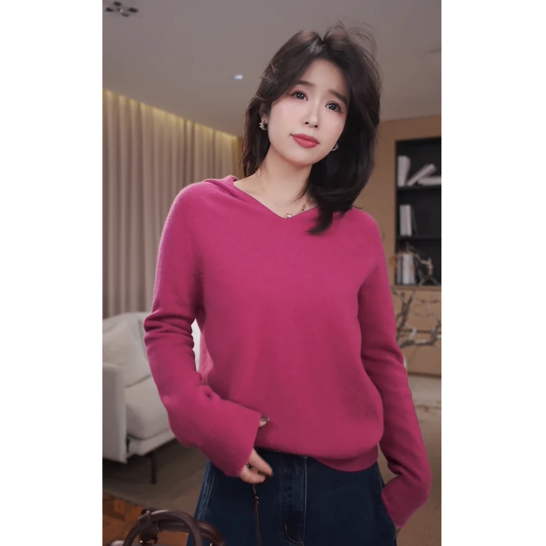 广州琴姐【云绒暖域】100绵羊毛连帽毛衣女秋冬新款长袖针织衫 0708