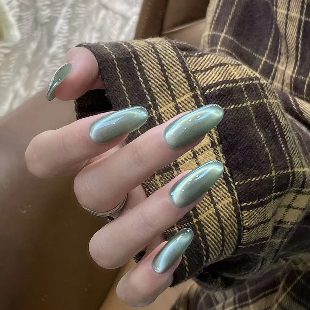 JDD【绿豆汤】绿色猫眼显白纯手工穿戴甲片全尺码美甲贴片可拆卸