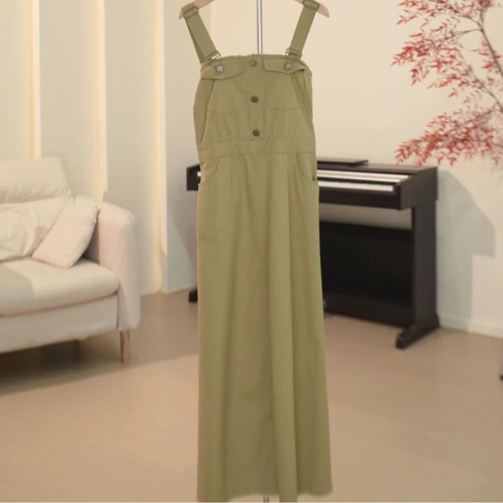 D256 单排扣饰长款吊带牛仔连衣裙女 79203
