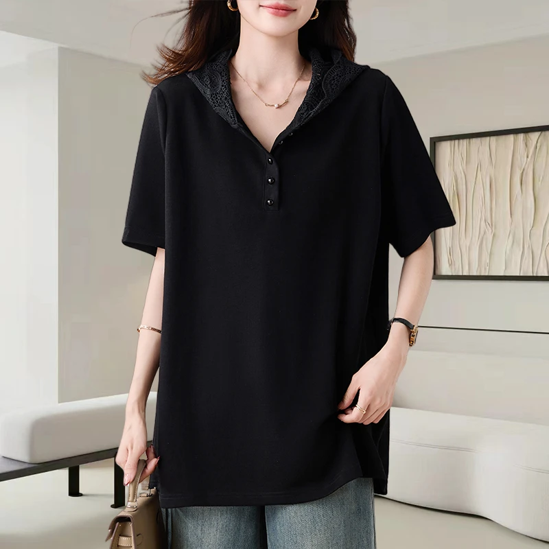 黑色连帽蕾丝短袖t恤女士2025夏季新款洋气减龄宽松显瘦休闲上衣
