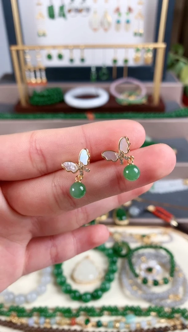 银S925镶嵌和田玉耳饰1